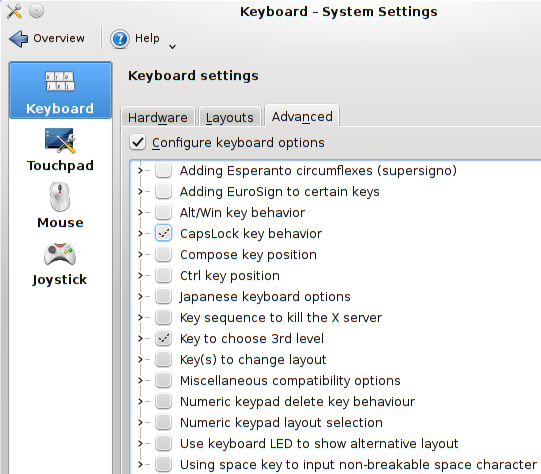 A screenshot of the advanced keyboard settings dialog in KDE